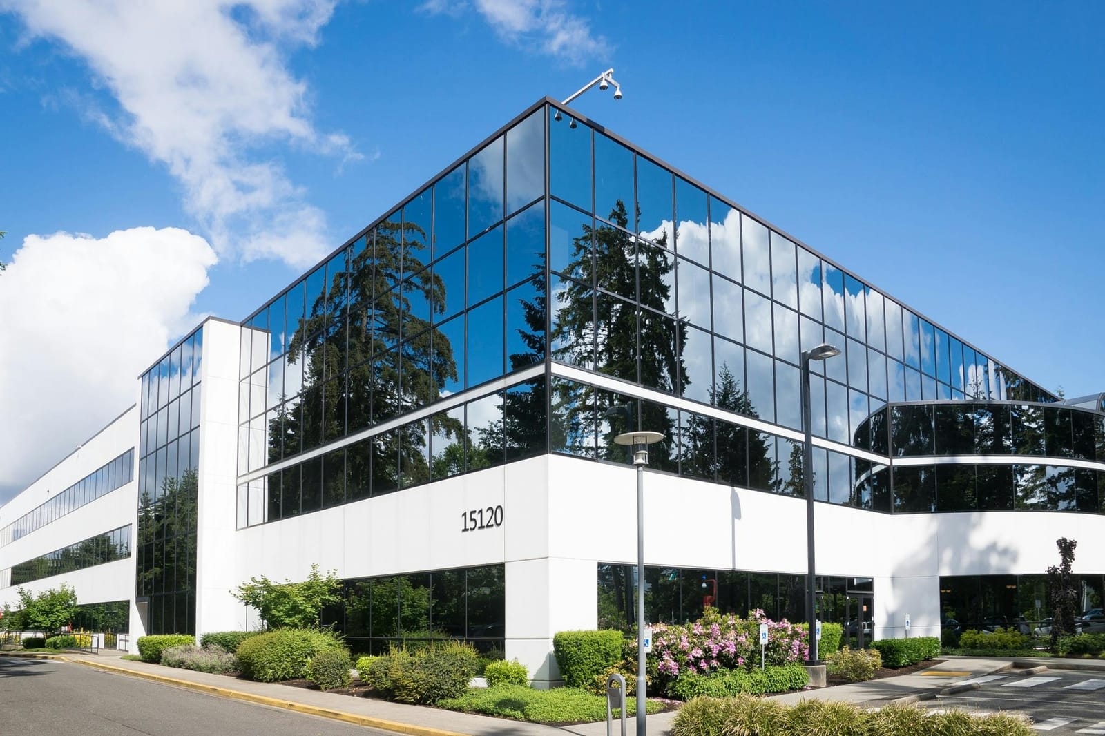Commercial glass building with window film